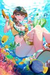  absurdres asato_(fadeless) bang_dream! bikini bracelet breasts brown_hair bubble cleavage clownfish commentary_request coral_reef earrings fish flip-flops flower green_eyes hair_flower hair_ornament highres hoop_earrings jewelry necklace one_eye_closed open_mouth sandals smile swimsuit thigh_strap underwater visor_cap water_gun yamato_maya 