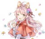  1girl ;d ahoge animal_ear_fluff animal_ears bangs blue_flower blue_rose blush brown_eyes capelet center_frills commentary_request eyebrows_visible_through_hair fang flower frills hair_flower hair_ornament hand_up hood hood_down hooded_capelet long_hair long_sleeves looking_at_viewer looking_to_the_side one_eye_closed open_mouth original petals pink_flower pink_hair pink_rose red_capelet rose shirt simple_background sleeves_past_wrists smile solo upper_body wataame27 white_background white_shirt wolf-chan_(wataame27) wolf_ears yellow_flower 
