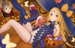  1girl abigail_williams_(fate/grand_order) balloon bangs bendy_straw black_bow black_headwear black_panties blonde_hair blue_legwear blush bow bug butterfly candy candy_cane candy_wrapper commentary_request cup drinking_glass drinking_straw eyebrows_visible_through_hair fate/grand_order fate_(series) food fou_(fate/grand_order) groin halloween halloween_basket hat hat_bow highres ice ice_cube insect jack-o&#039;-lantern key keyhole knee_up leg_up lollipop long_hair looking_at_viewer multiple_bows multiple_hat_bows orange_bow panties parted_bangs parted_lips red_eyes revealing_clothes single_thighhigh skull_print solo swirl_lollipop tentacles thighhighs topless underwear very_long_hair watch_artwork witch_hat wooden_floor 