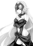 1girl ahoge bare_shoulders breasts crossed_arms dress elbow_gloves fate/grand_order fate_(series) gloves greyscale groin headpiece hip_focus jeanne_d&#039;arc_(alter)_(fate) jeanne_d&#039;arc_(fate)_(all) long_hair looking_at_viewer medium_breasts monochrome navel rikudou_inuhiko side_slit solo thighhighs thighs very_long_hair white_background 