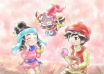  1boy 1girl :t bag bangs barza_(pokemon) belt black_hair blue_headwear blush blush_stickers brown_eyes brown_pants child closed_eyes closed_mouth doughnut dress eating eyebrows_visible_through_hair flat_chest floating food full_body gen_6_pokemon green_shirt hair_tie hand_up hands_up happy hat high_ponytail highres holding hoopa legendary_pokemon long_sleeves looking_at_another mary_(pokemon_m18) open_mouth pants paper_bag pink_background pink_dress pokemon pokemon_(anime) pokemon_(creature) pokemon_m18 pokemon_xy_(anime) red_headwear red_vest sash shiny shiny_hair shirt short_hair short_ponytail smile tied_hair vest yellow_sclera yuki56 