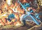  2boys blue_eyes blue_hair boots bosstseng dragon_ball dragon_ball_super dragon_ball_super_broly duel earrings energy_ball energy_sword eruption explosion fire gloves gogeta highres jewelry lightning male_focus molten_rock multiple_boys muscle potara_earrings signature smile smoke super_saiyan_blue sword vegetto vest volcano weapon white_footwear white_gloves 