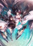  2girls absurdres azur_lane bangs black_hair blush breasts cannon cleavage closed_mouth day epaulettes eyebrows_visible_through_hair floating_hair flower from_above gloves hair_between_eyes hair_flower hair_ornament hiei_(azur_lane) highres holding holding_sword holding_weapon horns large_breasts long_hair long_sleeves looking_at_viewer medium_breasts mikasa_(azur_lane) military military_uniform multiple_girls outdoors rigging skirt smile sword turret uniform uwro wading weapon white_gloves wide_sleeves wind yellow_eyes 
