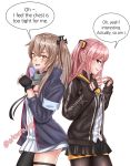  2girls blush breast_conscious breasts brown_hair cosplay costume_switch english_text fingerless_gloves girls_frontline gloves highres multiple_girls o.k.corral pantyhose pink_hair scar scar_across_eye small_breasts speech_bubble st_ar-15_(girls_frontline) st_ar-15_(girls_frontline)_(cosplay) twitter_username ump45_(girls_frontline) ump45_(girls_frontline)_(cosplay) 