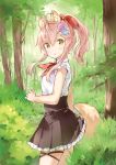  1girl :o ahoge animal_ear_fluff animal_ears bangs bare_arms black_skirt blue_flower blush brown_eyes eyebrows_visible_through_hair flower forest frilled_skirt frills from_side hair_between_eyes hair_flower hair_ornament hair_ribbon hairclip high_ponytail long_hair looking_at_viewer looking_to_the_side nature original outdoors parted_lips pink_hair pleated_skirt ponytail purple_flower red_neckwear red_ribbon ribbon shirt sidelocks skirt sleeveless sleeveless_shirt solo standing tail tree wataame27 white_shirt wolf-chan_(wataame27) wolf_ears wolf_girl wolf_tail 