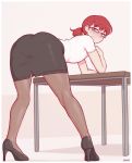  1boy arm_support ass bent_over blush crossdressing dross eyebrows_visible_through_hair half-closed_eyes high_heels highres looking_at_viewer looking_back office_lady original pantyhose pantylines pencil_skirt presenting red_eyes red_hair semi-rimless_eyewear skirt smile 