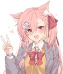  1girl :d animal_ear_fluff animal_ears bangs beige_vest blush bow bowtie braid breasts cat_ears collared_shirt eyebrows_visible_through_hair fang girls_frontline grey_jacket hair_between_eyes hair_bow hair_ornament hair_ribbon hairclip heart hexagram highres jacket jingo long_hair looking_at_viewer negev_(girls_frontline) one_side_up open_clothes open_jacket open_mouth pink_hair red_bow red_eyes red_neckwear ribbon school_uniform shirt smile solo star_of_david upper_body v watch white_shirt wristwatch 