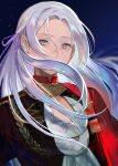  1girl cape edelgard_von_hresvelg fire_emblem fire_emblem:_three_houses hair_lift hair_over_mouth hair_ribbon high_collar highres kyufe long_hair looking_at_viewer night night_sky purple_eyes purple_ribbon red_cape ribbon silver_hair sky uniform 