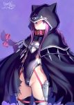  1girl artist_name black_leotard bosshi breastplate cloak closed_mouth collar commentary_request covered_navel dated fate/grand_order fate_(series) hair_ribbon highres hood leotard long_braid long_hair looking_at_viewer medusa_(lancer)_(fate) purple_background purple_eyes purple_hair red_collar ribbon rider signature simple_background solo very_long_hair 