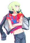  1boy absurdres crossed_arms earrings green_hair highres jacket jacket_on_shoulders jewelry lio_fotia male_focus midriff promare purple_eyes shirt short_hair solo suisogenshi t-shirt 