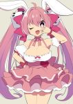  1girl ahoge animal_ears bangs bare_shoulders breasts bunny_ears choker cleavage di_gi_charat dice dice_hair_ornament dress eyebrows_visible_through_hair frilled_dress frills hair_ornament hair_ribbon heart large_breasts long_hair mzh one_eye_closed open_mouth pink_eyes pink_hair pink_neckwear ribbon ribbon_choker simple_background solo twintails usada_hikaru 