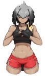  1girl abs alternate_costume asura_senki bangs bare_arms bare_shoulders biceps black_gloves black_hair black_sports_bra blonde_hair clenched_hand closed_mouth collarbone cowboy_shot cracking_knuckles cropped_legs dark_skin eyeliner fingerless_gloves fist_in_hand frown glaring gloves grey_hair gym_shorts hair_between_eyes hair_intakes hands_up highres kemono_friends long_hair looking_at_viewer low_ponytail makeup midriff multicolored_hair navel own_hands_together pocket red_shorts shoebill_(kemono_friends) short_shorts shorts side_ponytail simple_background solo sports_bra sportswear stomach thigh_gap thighs toned white_background wide_hips yellow_eyes 