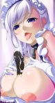  1boy 1girl azur_lane bangs belfast_(azur_lane) blue_eyes blush braid breast_squeeze breasts breasts_outside chain cleavage collar collarbone commentary_request cum cum_in_mouth cum_on_body cum_on_breasts cum_on_upper_body cumdrip dress elbow_gloves eyebrows_visible_through_hair french_braid frilled_dress frills gloves hair_between_eyes hetero highres large_breasts looking_at_viewer maid_headdress nipples open_mouth paizuri penis saliva saliva_trail side_braid sidelocks silver_hair solo_focus tongue tongue_out toron_(mino106) white_gloves 