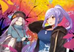  2girls :d ^_^ autumn_leaves azur_lane bangs batsu black-framed_eyewear black_headwear blue_shirt blue_sweater blurry blurry_background blurry_foreground blush breasts brown_eyes brown_jacket brown_skirt camera cleavage closed_eyes commentary_request depth_of_field essex_(azur_lane) eyebrows_visible_through_hair glasses grey_hair hair_between_eyes hat high_ponytail holding holding_camera hood hood_down hooded_jacket jacket large_breasts long_hair looking_away looking_to_the_side multiple_girls open_clothes open_jacket open_mouth parted_bangs plaid plaid_skirt ponytail purple_hair ribbed_sweater semi-rimless_eyewear shangri-la_(azur_lane) shirt skirt smile sweater tree twitter_username under-rim_eyewear upper_teeth very_long_hair 