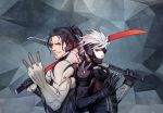  2boys back-to-back black_hair blue_eyes cyborg eyepatch holding holding_sword holding_weapon looking_at_viewer male_focus metal_gear_(series) metal_gear_rising:_revengeance multiple_boys nagi_(siki2n) open_mouth raiden samuel_rodrigues scar short_hair sword weapon white_hair 