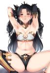  1girl anklet armlet armpits asymmetrical_legwear bangs bare_shoulders black_hair blush breasts bridal_gauntlets clitoris crown detached_collar earrings elbow_gloves fate/grand_order fate_(series) gloves gold_trim groin hair_ribbon highres hoop_earrings ishtar_(fate/grand_order) jewelry long_hair looking_at_viewer medium_breasts navel neck_ring parted_bangs red_eyes ribbon simple_background single_elbow_glove single_thighhigh sitting smile solo stomach thighhighs two_side_up white_background xtermination 