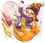  1girl bangs beanie bike_shorts black_jacket black_shorts blazer blunt_bangs brown_sweater commentary cross-laced_footwear dated domino_mask fangs full_body grey_eyes harutarou_(orion_3boshi) hat highres holding holding_weapon ink_tank_(splatoon) inkbrush_(splatoon) inkling jacket jumping logo long_hair looking_at_viewer mask miniskirt open_mouth orange_hair orange_headwear orange_skirt orange_tongue paint_splatter plaid plaid_skirt pleated_skirt pointy_ears red_footwear school_uniform shoes shorts shorts_under_skirt skirt smile sneakers solo splatoon_(series) splatoon_1 sweater tentacle_hair v-shaped_eyebrows weapon 