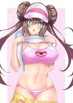  1girl bangs bikini blue_eyes blush border breasts brown_hair cleavage commentary_request double_bun hair_between_eyes highres large_breasts long_hair looking_at_viewer mei_(pokemon) navel open_mouth pink_background pink_bikini pokemon pokemon_(game) pokemon_bw2 raglan_sleeves sankakusui shirt_lift short_shorts shorts shorts_pull simple_background solo swimsuit twintails visor_cap white_border yellow_shorts 