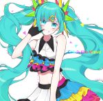  1girl absurdres asymmetrical_clothes asymmetrical_shirt asymmetrical_skirt bangs bare_arms bare_shoulders black_gloves blue_eyes blue_hair blush breasts catch_the_wave_(vocaloid) clenched_teeth collared_shirt colorful commentary curly_hair english_commentary english_text eyebrows_visible_through_hair facepaint finger_to_mouth floating_hair frilled_shirt frilled_skirt frills gloves grin hair_ornament hatsune_miku heart highres long_hair looking_at_viewer medium_breasts midriff mizuamemochimochi multicolored multicolored_clothes multicolored_shirt multicolored_skirt navel parted_bangs partly_fingerless_gloves polka_dot shirt simple_background skirt smile solo song_name teeth triangle twintails upper_body very_long_hair vocaloid white_background 