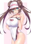  1girl blue_eyes border breasts brown_hair chin_stroking commentary_request competition_swimsuit cowboy_shot double_bun gradient gradient_background highleg highleg_swimsuit highres large_breasts long_hair looking_at_viewer mei_(pokemon) one-piece_swimsuit open_mouth pink_background pokemon pokemon_(game) pokemon_bw2 pokemon_masters sankakusui solo sparkle standing swimsuit twintails very_long_hair visor_cap watch white_background white_border white_swimsuit wristwatch 