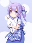  1girl ahoge alternate_costume apron azur_lane carrying casual commentary_request contemporary doll_hug employee_uniform gingham_apron hair_bun hair_ribbon highres kobeya koubeya_uniform long_hair looking_at_viewer minakami_mimimi object_hug one_side_up patterned_background purple_eyes purple_hair ribbon side_bun simple_background solo stuffed_alicorn stuffed_animal stuffed_toy unicorn_(azur_lane) uniform waitress 