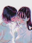  2girls brown_hair cheek_kiss closed eyebrows_visible_through_hair eyes kiss long_hair multiple_girls original qt1_jo short_hair yuri 