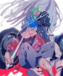  2boys blue_eyes blue_hair casual chin_rest cravat felicia_chen galo_thymos green_hair ground_vehicle indian_style jacket leather leather_jacket lio_fotia male_focus matoi motor_vehicle motorcycle multiple_boys promare purple_eyes red_jacket shoes sitting sneakers 