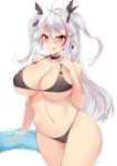  1girl azur_lane bikini blush breasts choker cleavage collarbone commentary_request earrings eyebrows_visible_through_hair feet_out_of_frame finger_to_mouth innertube iron_cross jewelry kuavera large_breasts licking_lips lips long_hair mole mole_on_breast multicolored_hair navel orange_eyes prinz_eugen_(azur_lane) prinz_eugen_(unfading_smile)_(azur_lane) signature solo streaked_hair swimsuit tongue tongue_out twintails very_long_hair white_background white_hair 