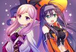  2girls :d bangs bare_shoulders blue_hair breasts cape circlet collared_jacket detached_sleeves fire_emblem fire_emblem:_path_of_radiance fire_emblem:_radiant_dawn fire_emblem_heroes green_eyes halloween hat ilyana_(fire_emblem) long_hair long_sleeves low-tied_long_hair mia_(fire_emblem) midriff multiple_girls navel navel_cutout open_mouth purple_background purple_eyes purple_hair shira_yu_ki shirt simple_background smile star tight_shirt upper_body witch_hat 