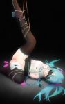  1girl arms_behind_back ass bangs bare_shoulders bdsm black_background black_footwear blindfold blue_hair blue_neckwear blue_panties bondage boots bound bound_legs commentary_request controller drooling hair_ornament hatsune_miku highres leg_lift leg_up long_hair lying miniskirt necktie number_tattoo object_insertion on_back open_mouth panties panties_around_one_leg pleated_skirt po-i-mu pussy remote_control remote_control_vibrator rope saliva shirt simple_background skirt skirt_lift sleeveless sleeveless_shirt solo spread_legs striped striped_panties tattoo thigh_boots thighhighs tied_hair twintails uncensored underwear vaginal vaginal_object_insertion vibrator vocaloid white_shirt 