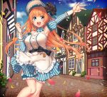  1girl :d album_cover apron bangs bare_shoulders black_bow bloomers blue_eyes blue_flower blue_headwear blue_skirt blue_sky blush bow breasts brown_hair cloud commentary_request cover day detached_sleeves eyebrows_visible_through_hair flower frilled_apron frills hat highres house juliet_sleeves kayase long_hair long_sleeves medium_breasts open_mouth original outdoors outstretched_arm petals puffy_sleeves round_teeth shirt skirt sky smile solo striped striped_sleeves teeth underwear upper_teeth vertical-striped_skirt vertical_stripes very_long_hair waist_apron white_apron white_bloomers white_shirt 