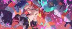  1boy blue_eyes blue_hair cape chest felicia_chen fire galo_thymos gloves highres male_focus matoi mecha promare purple_fire shirtless solo spiked_hair 