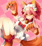  1girl animal_ear_fluff animal_ears apron bell bell_collar breasts cat_hair_ornament cat_paws collar eyebrows_visible_through_hair fang fate/grand_order fate_(series) fox_ears fox_girl fox_tail gloves hair_ornament hair_ribbon highres jingle_bell large_breasts long_hair looking_at_viewer maid_headdress naked_apron open_mouth paw_gloves paw_pose paw_shoes paws pink_hair ponytail red_ribbon ribbon shoes sideboob solo sorrau tail tamamo_(fate)_(all) tamamo_cat_(fate) yellow_eyes 