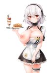  1girl alternate_costume anchor_choker apron azur_lane breasts choker cleavage closed_mouth commentary_request cowboy_shot enmaided eyebrows_visible_through_hair food frilled_apron frilled_garter frills highres holding holding_tray huge_breasts ice_cream lace-trimmed_hairband large_breasts macchiato_(jae-min_cho) maid maid_apron maid_dress name_tag nipples one_breast_out pancake red_eyes short_hair silver_hair sirius_(azur_lane) sundae tray white_background white_hair 