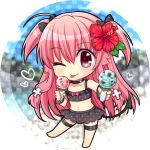 1girl ;p angel_beats! bangs barefoot bikini bikini_skirt black_bikini black_bow black_skirt blurry blurry_background bow chibi choker collarbone eyebrows_visible_through_hair flat_chest flower food full_body hair_between_eyes hair_bow heart hibiscus holding holding_food ice_cream long_hair nakamura_hinato one_eye_closed pink_hair polka_dot polka_dot_background polka_dot_bikini polka_dot_bow polka_dot_skirt red_bow red_eyes red_hair shiny shiny_hair skirt solo standing standing_on_one_leg swimsuit thigh_strap tongue tongue_out two_side_up very_long_hair white_background yui_(angel_beats!) 