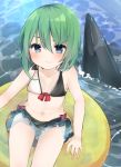  1girl bangs bare_arms bare_shoulders bikini bikini_skirt black_bikini black_skirt blue_eyes blush commentary_request front-tie_bikini front-tie_top green_hair hair_between_eyes innertube karasusou_nano multicolored multicolored_bikini multicolored_clothes navel no_hat no_headwear outdoors shark shark_fin shiki_eiki short_hair sitting skirt solo stomach swimsuit tears thighs touhou two-tone_bikini water white_bikini 