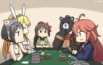  4girls :3 ahoge amagi_(kantai_collection) animal_ears artoria_pendragon_(all) artoria_pendragon_(swimsuit_ruler)_(fate) bangs bauxite bear black_hair blonde_hair blue_neckwear blush breasts brown_eyes brown_hair bunny_ears bunny_hair_ornament bunnysuit card casino_card_table casino_royale cleavage_cutout commentary crossed_arms crossover dated detached_collar diving_mask diving_mask_on_head eyebrows_visible_through_hair fate/grand_order fate_(series) flower hair_between_eyes hair_flower hair_ornament hair_ribbon hairclip hamu_koutarou high_ponytail highres james_bond_(series) japanese_flag kantai_collection kumano_(kantai_collection) large_breasts leotard long_hair looking_down maru-yu_(kantai_collection) mole multiple_girls navel navel_cutout parted_bangs pink_eyes pink_hair playing_card poker_table ponytail remodel_(kantai_collection) ribbon school_swimsuit school_uniform serafuku serious short_hair sidelocks signature sitting steel_ingot swimsuit table uzuki_(kantai_collection) white_leotard white_swimsuit wide_ponytail wrist_cuffs 