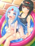  2girls black_hair blue_eyes blue_hair collarbone commentary_request expressionless forehead_jewel from_above hairband hands_on_another&#039;s_thighs highres legs long_hair looking_up lying multiple_girls on_back one-piece_swimsuit open_mouth partially_submerged pointy_ears rance_(series) reset_kalar school_swimsuit short_hair sitting sitting_on_person smile swimsuit thighs tsuboyarou very_long_hair wading_pool water wet white_school_swimsuit white_swimsuit yuzuhara_yuzumi 