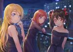  3girls :o against_railing arm_support arms_behind_back ayase_eli bangs bare_shoulders bibi_(love_live!) black_dress black_hair blonde_hair blue_eyes blush bow building city closed_mouth collarbone commentary_request dress eyebrows_visible_through_hair hair_bow highres leaning_forward long_hair long_sleeves looking_at_viewer love_live! love_live!_school_idol_project multiple_girls night nishikino_maki off-shoulder_dress off_shoulder outdoors parted_bangs parted_lips purple_eyes red_bow red_eyes red_hair see-through shamakho sleeveless sleeveless_dress smile strapless strapless_dress swept_bangs tareme twintails yazawa_nico 