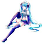 1girl :o absurdres arm_at_side arm_support bare_shoulders belly black_legwear blue_eyes blue_hair blue_neckwear boots breasts commentary curly_hair detached_sleeves diamond-shaped_pupils expressionless eyebrows_visible_through_hair full_body hair_between_eyes hand_on_own_thigh hatsune_miku highres leg_up long_hair looking_at_viewer midriff navel necktie parted_lips pleated_skirt shirayuki_towa simple_background sitting skirt solo symbol-shaped_pupils tank_top thigh_boots thighhighs thighs twintails very_long_hair vocaloid white_background zettai_ryouiki 