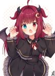  1girl ahoge bangs black_capelet black_dress blue_eyes blush bow brown_wings capelet claw_pose crescent crescent_hair_ornament demon_girl demon_horns demon_wings dress eyebrows_visible_through_hair fang frilled_dress frilled_sleeves frills hair_intakes hair_ornament hands_up heterochromia horns long_hair long_sleeves looking_at_viewer neck_ribbon nijisanji omuretsu open_mouth polka_dot polka_dot_background red_bow red_eyes red_hair red_ribbon ribbon signature solo two_side_up very_long_hair virtual_youtuber white_background wings yuzuki_roa 