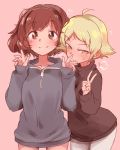  2girls absurdres akiyama_yukari aomushi_(mushamusha) bangs black_sweater blonde_hair blue_sweater blush brown_eyes brown_hair closed_mouth erwin_(girls_und_panzer) eyebrows_visible_through_hair girls_und_panzer hands_up highres hood hood_down long_sleeves looking_at_viewer messy_hair multiple_girls pants short_hair simple_background smile standing sweat sweater turtleneck turtleneck_sweater v yellow_eyes 