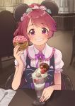  apron cafe dessert doughnut food grin hairband highres holding holding_food idolmaster idolmaster_cinderella_girls indoors jewelry looking_at_viewer mickey_mouse_ears necklace parfait peppe pov_across_table puffy_short_sleeves puffy_sleeves purple_eyes ring shiina_noriko short_sleeves sitting smile spoon upper_body 