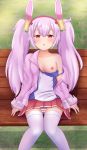  1girl :o animal_ears azur_lane bangs bare_shoulders bench blush breasts bunny_ears cameltoe camisole collarbone commentary_request day eyebrows_visible_through_hair hair_between_eyes hair_ornament hairband highres jacket knees_together_feet_apart laffey_(azur_lane) long_hair long_sleeves looking_at_viewer michou nipples off_shoulder on_bench one_breast_out open_clothes open_jacket outdoors panties park_bench parted_lips pink_jacket pleated_skirt purple_hair red_eyes red_hairband red_skirt sitting sitting_on_bench skirt sleeves_past_wrists small_breasts solo strap_slip striped striped_panties thigh_gap thighhighs twintails underwear very_long_hair white_camisole white_legwear 