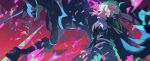  1boy armor cravat dual_persona felicia_chen fire gloves green_hair hair_over_one_eye half_gloves highres lio_fotia mad_burnish male_focus pink_fire promare purple_eyes purple_fire pyrokinesis sword triangle weapon 