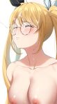  1girl absurdres ahoge blonde_hair blush breasts closed_eyes collarbone commentary cum cum_on_body cum_on_glasses cum_on_hair dobure18 ejaculation face facial glasses hair_between_eyes hair_ribbon highres large_breasts long_hair nijisanji nipples nude ribbon sidelocks simple_background solo twintails upper_body virtual_youtuber white_background yellow-framed_eyewear zea_cornelia 