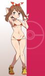  1girl areola_slip areolae arm_behind_head arm_up armpits bare_arms bare_legs bare_shoulders bikini blush bracelet breasts brown_hair closed_mouth collarbone full_body gradient gradient_background hair_ribbon hairband half-closed_eyes haruka_(pokemon) holding holding_poke_ball jewelry long_hair looking_at_viewer lowleg lowleg_bikini micro_bikini navel nt00 pink_background poke_ball poke_ball_(generic) pokemon pokemon_(game) pokemon_oras red_bikini red_hairband red_ribbon ribbon shoes silver_eyes small_breasts smile solo standing stomach swimsuit thigh_gap yellow_footwear 