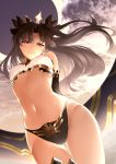  1girl armlet asymmetrical_legwear asymmetrical_sleeves backlighting bangs bare_shoulders black_bikini_bottom black_hair blush bow breasts closed_mouth detached_collar detached_sleeves earrings fate/grand_order fate_(series) hair_bow highres ishtar_(fate/grand_order) jewelry koruta_(nekoimo) long_hair looking_at_viewer navel neck_ring parted_bangs red_eyes single_detached_sleeve single_thighhigh smile solo thighhighs thighs tiara two_side_up white_bikini_top 