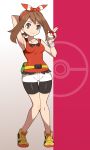  1girl arm_behind_head arm_up armpits bare_shoulders belt bike_shorts black_shorts bracelet breasts brown_hair closed_mouth collarbone full_body gradient gradient_background hair_ribbon hairband haruka_(pokemon) holding holding_poke_ball jewelry long_hair looking_at_viewer nt00 pink_background poke_ball poke_ball_(generic) pokemon pokemon_(game) pokemon_oras red_hairband red_ribbon ribbon shoes shorts shorts_under_shorts silver_eyes sleeveless small_breasts smile solo standing tank_top thigh_gap white_shorts yellow_footwear 