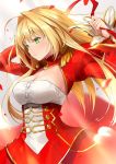  1girl ahoge arms_behind_head bangs blonde_hair blush breasts cleavage closed_mouth dress epaulettes fate/extra fate_(series) green_eyes hair_intakes kagachi_saku large_breasts long_hair nero_claudius_(fate) nero_claudius_(fate)_(all) petals puffy_sleeves red_dress ribbon solo 